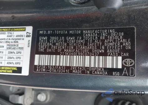 2009 Toyota Matrix z USA, uszkodzony, nr VIN 2T1KU40E99C070437